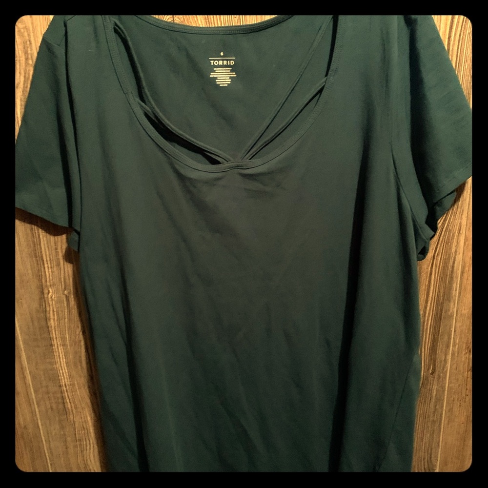 Torrid emerald green tee with cage neck detail.